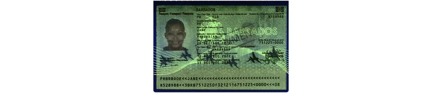 Barbados passport from 2022 under UV
